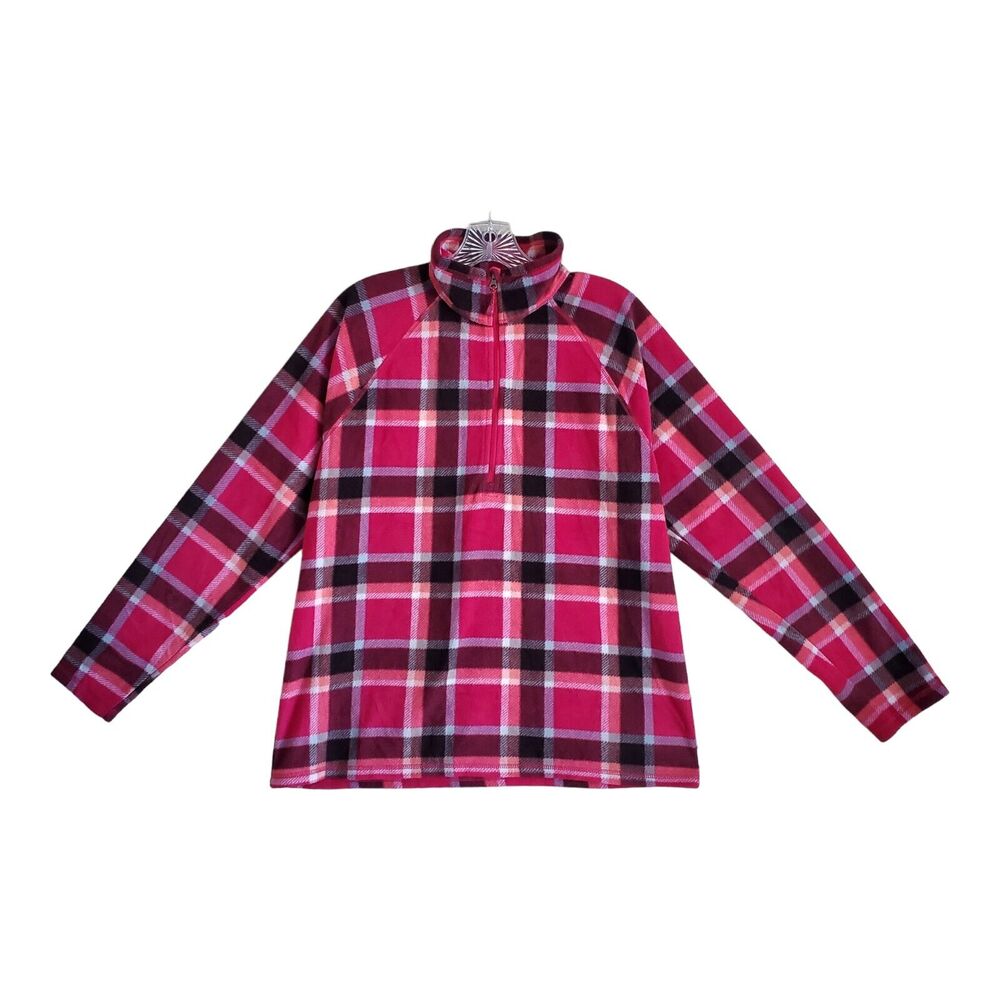 EDDIE BAUER Women L Fleece Shirt Plaid Pullover 1/4 Zip Red Plaid Mock Neck 40"
